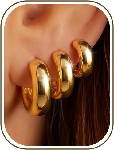 5mm Chunky Hoop Earrings Set, 3 Pairs Durable Bold Small Gold Hoop Earrings, Hypoallergenic 925 Silver Post Huggie Hoops, Lightweight Stacked-Style Thick Hoops Earring for Women in Saudi Arabia