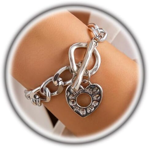 Gold Big Hollow Heart Bracelet for Women,Charm Punk Thick Chain Heart Toggle Bracelets,Fashion Love Statement Jewelry Valentine's Day Gifts in Saudi Arabia