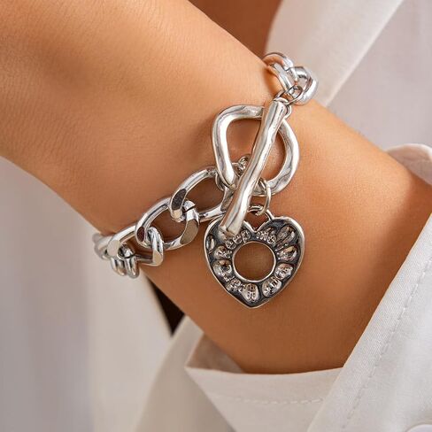 Gold Big Hollow Heart Bracelet for Women,Charm Punk Thick Chain Heart Toggle Bracelets,Fashion Love Statement Jewelry Valentine's Day Gifts in Saudi Arabia