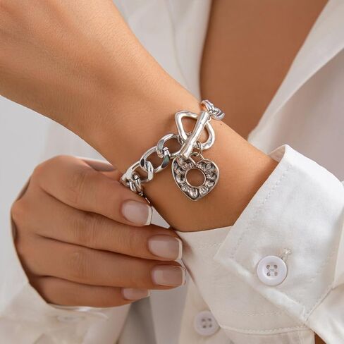 Gold Big Hollow Heart Bracelet for Women,Charm Punk Thick Chain Heart Toggle Bracelets,Fashion Love Statement Jewelry Valentine's Day Gifts in Saudi Arabia