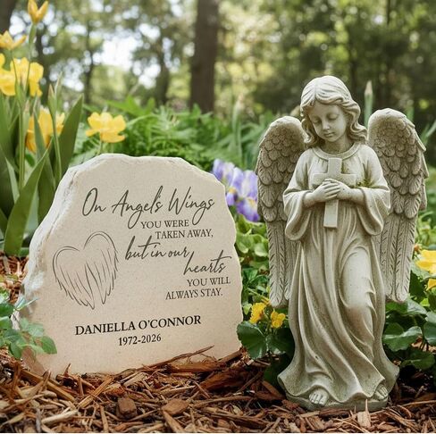Personalization Universe On Angel's Wings Personalized Garden Stone, Custom Memorial Plaque for Graves, Bereavement Garden Stone Gifts, Sympathy Stones for Loss of Loved One in Saudi Arabia