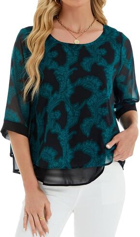 Womens Casual Scoop Neck Loose Top 3/4 Sleeve Chiffon Blouse Shirt Tops in Saudi Arabia