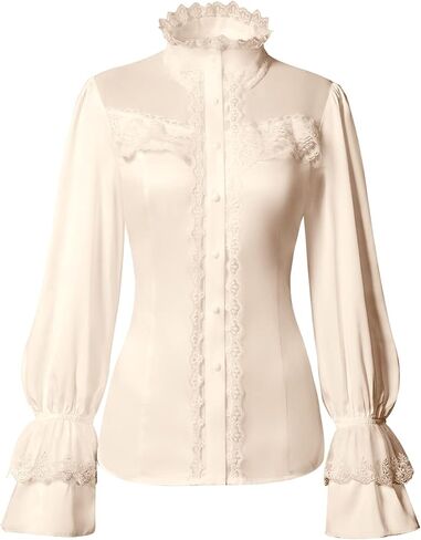 Women's Retro Victorian Lotus Lace Stand Collar Long Sleeve Shirts in Saudi Arabia