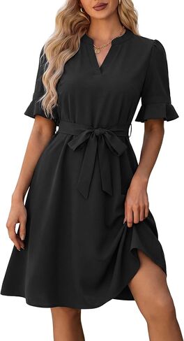 OURIN Women's Summer Dresses Ruffle Sleeve V Neck Midi A-Line Tie Waist Casual Shirt Dress with Pockets in Saudi Arabia