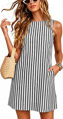 Womens Casual Striped Dresses Sleeveless A-Line Mini Sundress Summer Beach Vacation Coverups with Pockets in Saudi Arabia