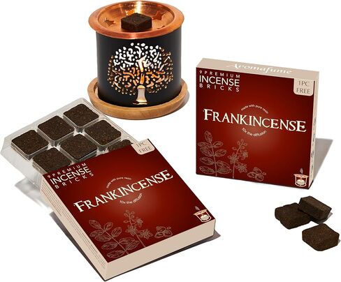 Frankincense Incense Bricks & Tree of Life Exotic Burner by Aromafume | 2 Trays x 9 Bricks | Boswellia Carterii & Boswellia Serrata Extract, Native to East Africa & India | Non-Toxic in Saudi Arabia