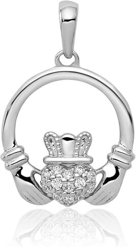 IceCarats 14K Solid White Gold 0.12 carat Diamond Celtic Medium Heart Claddagh Pendant Necklace 24mm 0.9 inch Round Cut, Natural, Prong Set For Her in Kuwait