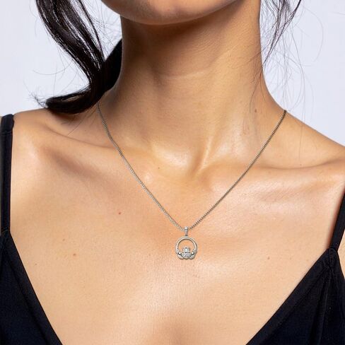IceCarats 14K Solid White Gold 0.12 carat Diamond Celtic Medium Heart Claddagh Pendant Necklace 24mm 0.9 inch Round Cut, Natural, Prong Set For Her in Kuwait