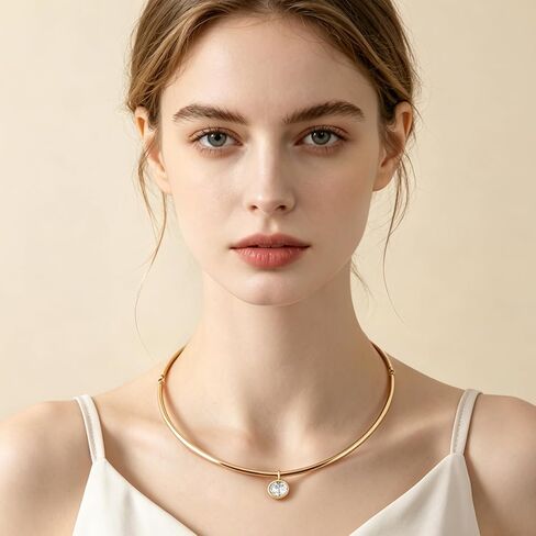HANRESHE Gold Collar Choker Necklace For Women Charm Pendant Choker Necklace With Oval CZ Pendant Trendy Charm Jewelry in Saudi Arabia
