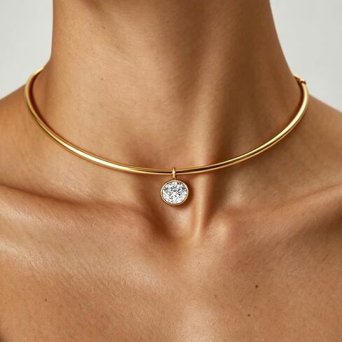 HANRESHE Gold Collar Choker Necklace For Women Charm Pendant Choker Necklace With Oval CZ Pendant Trendy Charm Jewelry in Saudi Arabia