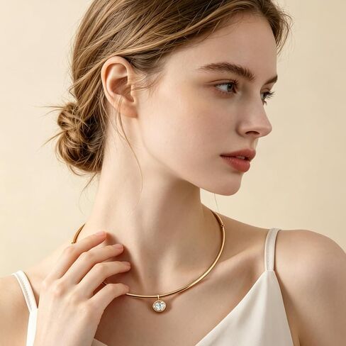 HANRESHE Gold Collar Choker Necklace For Women Charm Pendant Choker Necklace With Oval CZ Pendant Trendy Charm Jewelry in Saudi Arabia