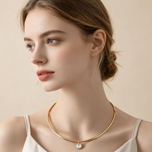 HANRESHE Gold Collar Choker Necklace For Women Charm Pendant Choker Necklace With Oval CZ Pendant Trendy Charm Jewelry in Saudi Arabia