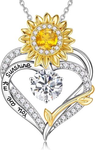 MONOOC Sunflower Gifts for Women Her - Sunflower Necklace for Women Heart Birthstone Necklaces 14K-White-Gold-Plated Heart Pendant Necklace for Woman Wife Mom Friends Birthday Gift Ideas in Saudi Arabia