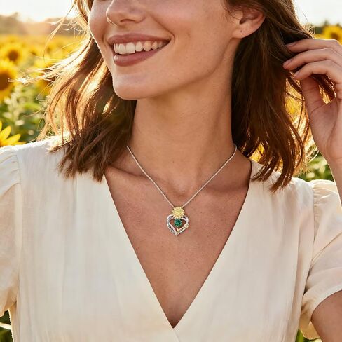 MONOOC Sunflower Gifts for Women Her - Sunflower Necklace for Women Heart Birthstone Necklaces 14K-White-Gold-Plated Heart Pendant Necklace for Woman Wife Mom Friends Birthday Gift Ideas in Saudi Arabia