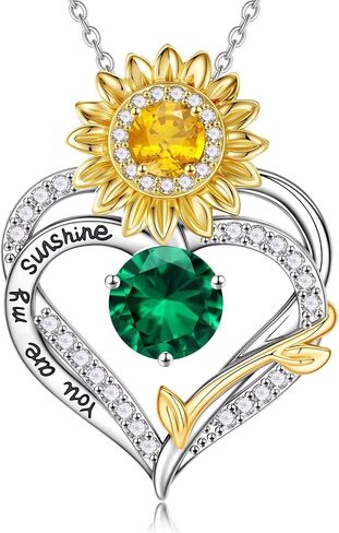 MONOOC Sunflower Gifts for Women Her - Sunflower Necklace for Women Heart Birthstone Necklaces 14K-White-Gold-Plated Heart Pendant Necklace for Woman Wife Mom Friends Birthday Gift Ideas in Saudi Arabia