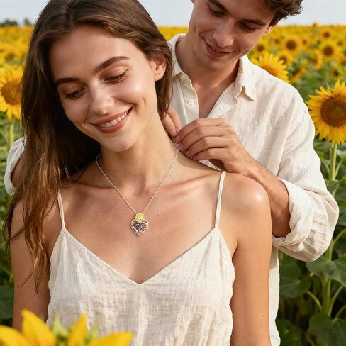 MONOOC Sunflower Gifts for Women Her - Sunflower Necklace for Women Heart Birthstone Necklaces 14K-White-Gold-Plated Heart Pendant Necklace for Woman Wife Mom Friends Birthday Gift Ideas in Saudi Arabia