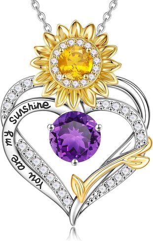 MONOOC Sunflower Gifts for Women Her - Sunflower Necklace for Women Heart Birthstone Necklaces 14K-White-Gold-Plated Heart Pendant Necklace for Woman Wife Mom Friends Birthday Gift Ideas in Saudi Arabia