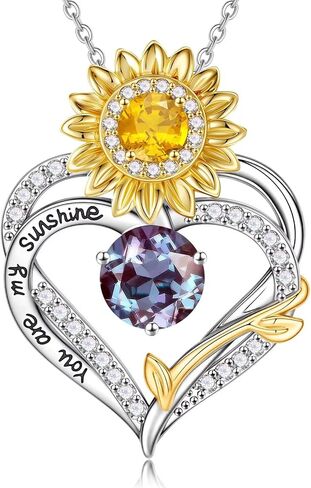 MONOOC Sunflower Gifts for Women Her - Sunflower Necklace for Women Heart Birthstone Necklaces 14K-White-Gold-Plated Heart Pendant Necklace for Woman Wife Mom Friends Birthday Gift Ideas in Saudi Arabia