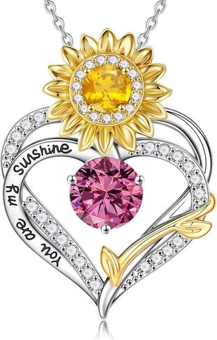 MONOOC Sunflower Gifts for Women Her - Sunflower Necklace for Women Heart Birthstone Necklaces 14K-White-Gold-Plated Heart Pendant Necklace for Woman Wife Mom Friends Birthday Gift Ideas in Saudi Arabia
