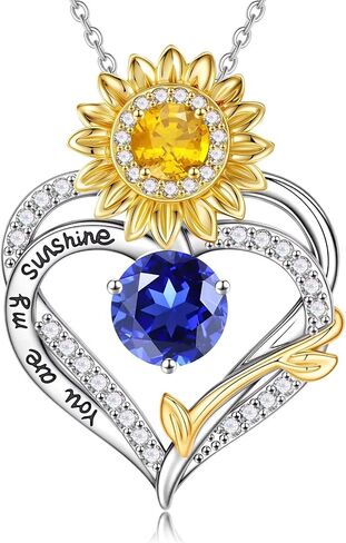 MONOOC Sunflower Gifts for Women Her - Sunflower Necklace for Women Heart Birthstone Necklaces 14K-White-Gold-Plated Heart Pendant Necklace for Woman Wife Mom Friends Birthday Gift Ideas in Saudi Arabia