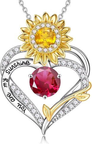 MONOOC Sunflower Gifts for Women Her - Sunflower Necklace for Women Heart Birthstone Necklaces 14K-White-Gold-Plated Heart Pendant Necklace for Woman Wife Mom Friends Birthday Gift Ideas in Saudi Arabia
