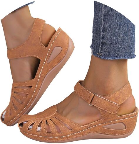Closed Toe Sandals For Women 2026,Summer Comfortable Ankle Strap Breathable Hollow Out Sandal Casual Arch Support Wedges Platform Shoes Women’s Leather Outdoor Walking Slippers in Kuwait