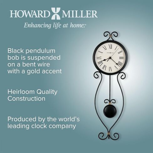Howard Miller Ivana Wall Clock – Wrought Iron Analog, Quartz Movement, Black with Gold Accents, Roman Numerals, Battery Powered, Round Decorative Clock in Kuwait