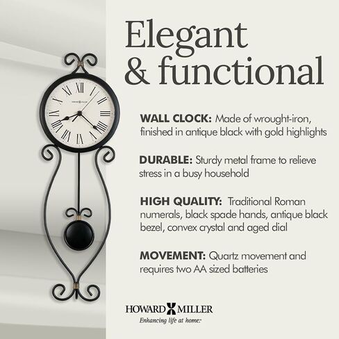 Howard Miller Ivana Wall Clock – Wrought Iron Analog, Quartz Movement, Black with Gold Accents, Roman Numerals, Battery Powered, Round Decorative Clock in Kuwait