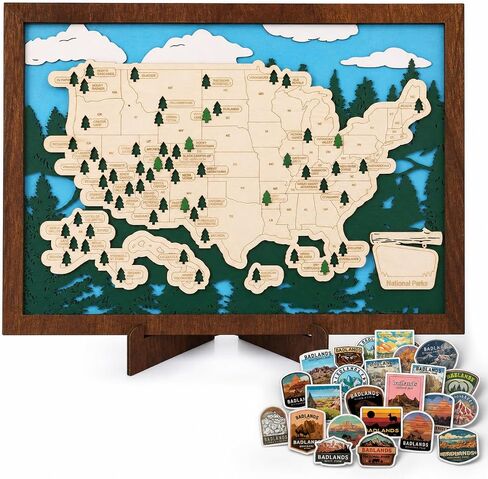 Wooden US National Parks Map Travel Tracker, 16.5x11 National Park Checklist Board with Stand & Badlands Sticker Set, Geography Gift for Families Outdoor Lovers in Saudi Arabia