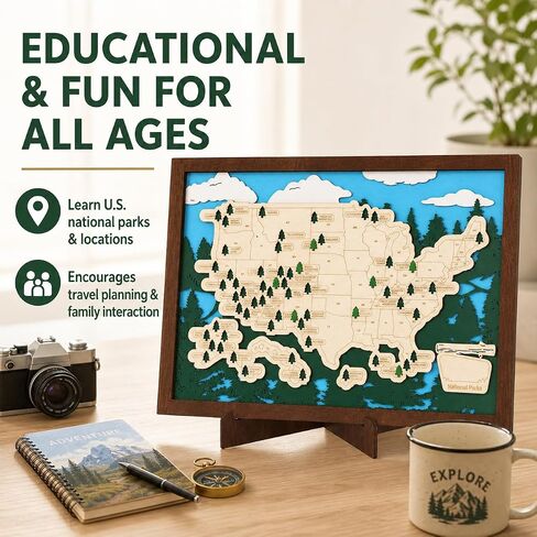 Wooden US National Parks Map Travel Tracker, 16.5x11 National Park Checklist Board with Stand & Badlands Sticker Set, Geography Gift for Families Outdoor Lovers in Saudi Arabia