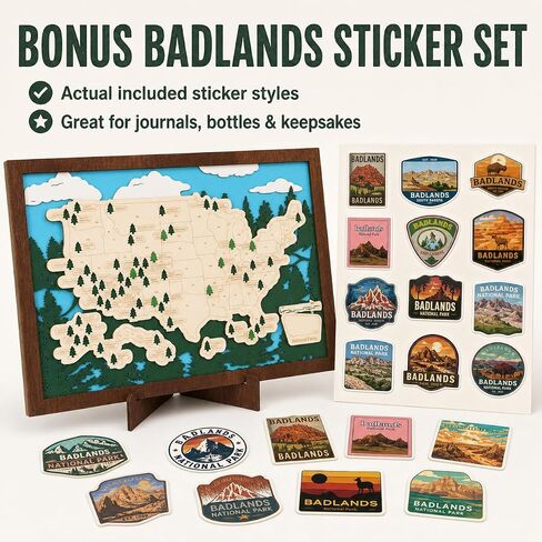 Wooden US National Parks Map Travel Tracker, 16.5x11 National Park Checklist Board with Stand & Badlands Sticker Set, Geography Gift for Families Outdoor Lovers in Saudi Arabia