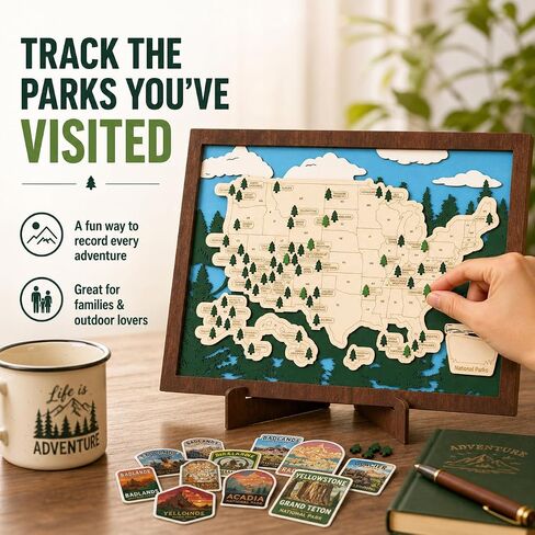 Wooden US National Parks Map Travel Tracker, 16.5x11 National Park Checklist Board with Stand & Badlands Sticker Set, Geography Gift for Families Outdoor Lovers in Saudi Arabia