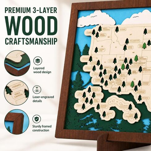 Wooden US National Parks Map Travel Tracker, 16.5x11 National Park Checklist Board with Stand & Badlands Sticker Set, Geography Gift for Families Outdoor Lovers in Saudi Arabia