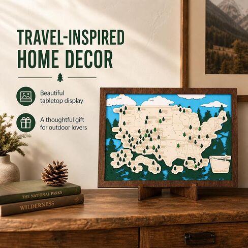 Wooden US National Parks Map Travel Tracker, 16.5x11 National Park Checklist Board with Stand & Badlands Sticker Set, Geography Gift for Families Outdoor Lovers in Saudi Arabia