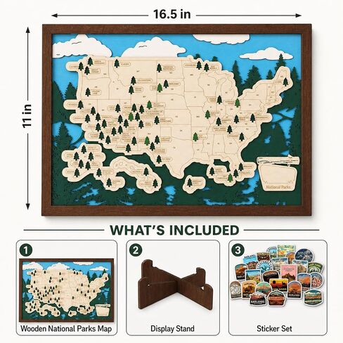 Wooden US National Parks Map Travel Tracker, 16.5x11 National Park Checklist Board with Stand & Badlands Sticker Set, Geography Gift for Families Outdoor Lovers in Saudi Arabia