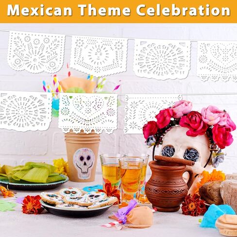6 Packs White Papel Picado Banners for Mexican Party Decorations, 108Ft Plastic Cielito Lindo Party Decorations for Cinco de Mayo Theme Fiesta Wedding Baby Shower Dia de Los Muertos Favor in Saudi Arabia