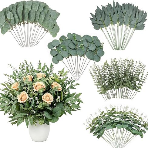 100 Pcs Artificial Mixed Eucalyptus Stems Leaves Bulk, 5 Kinds Fake Greenery Silver Dollar Eucalyptus Leaves Picks, Faux Greenery Stems for Vase Wedding DIY Bouquets Floral Arrangement Home Décor in Saudi Arabia