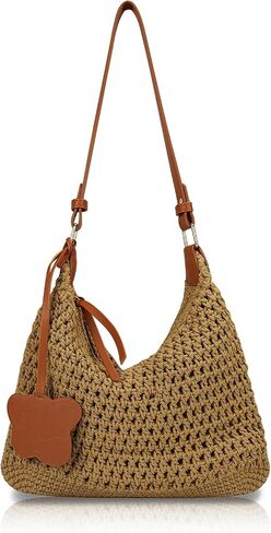 Crochet Beach Bag, Summer Shoulder Bag Vacation Woven Purse Leak-Proof Lining Boho Bags with Detachable Strap in Saudi Arabia