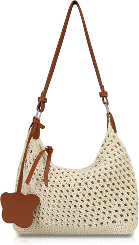 Crochet Beach Bag, Summer Shoulder Bag Vacation Woven Purse Leak-Proof Lining Boho Bags with Detachable Strap in Saudi Arabia
