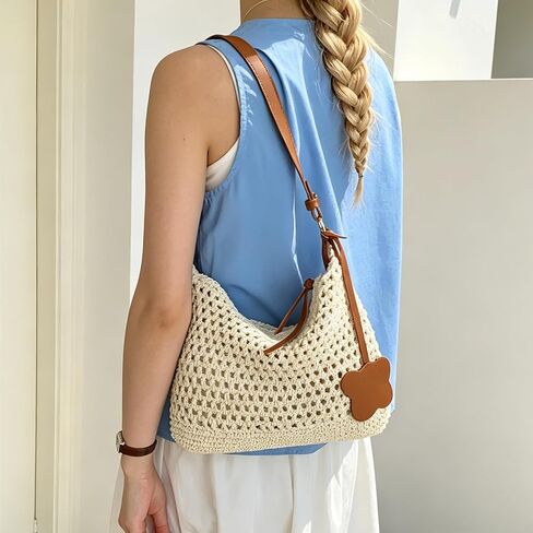 Crochet Beach Bag, Summer Shoulder Bag Vacation Woven Purse Leak-Proof Lining Boho Bags with Detachable Strap in Saudi Arabia