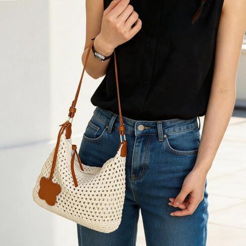 Crochet Beach Bag, Summer Shoulder Bag Vacation Woven Purse Leak-Proof Lining Boho Bags with Detachable Strap in Saudi Arabia