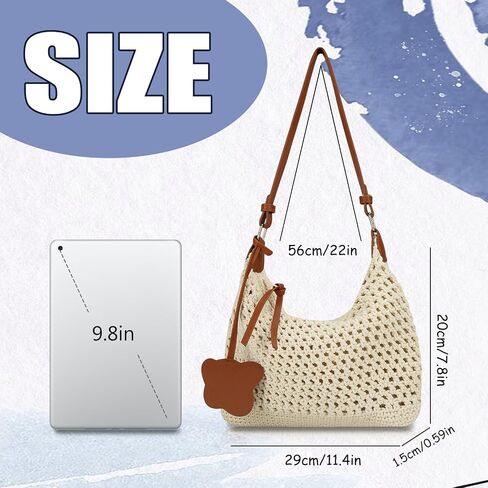 Crochet Beach Bag, Summer Shoulder Bag Vacation Woven Purse Leak-Proof Lining Boho Bags with Detachable Strap in Saudi Arabia