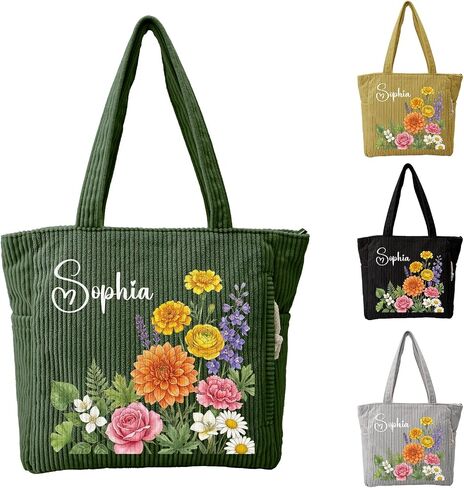 Personalized Birth Flower Corduroy Tote Bag, Custom Large Shoulder Bag With Zipper for Work Travel, Gift for Women in Kuwait