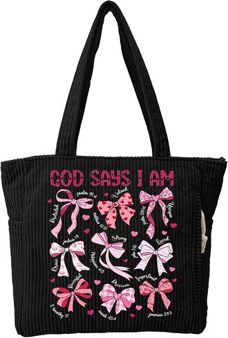 Personalized Birth Flower Corduroy Tote Bag, Custom Large Shoulder Bag With Zipper for Work Travel, Gift for Women in Kuwait