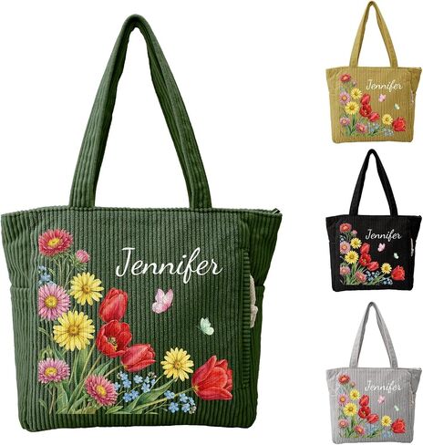 Personalized Birth Flower Corduroy Tote Bag, Custom Large Shoulder Bag With Zipper for Work Travel, Gift for Women in Kuwait