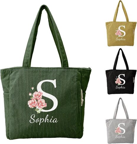 Personalized Birth Flower Corduroy Tote Bag, Custom Large Shoulder Bag With Zipper for Work Travel, Gift for Women in Kuwait
