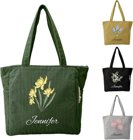 Personalized Birth Flower Corduroy Tote Bag, Custom Large Shoulder Bag With Zipper for Work Travel, Gift for Women in Kuwait