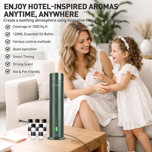 Waterless Scent Diffuser Starter Kit - 1000 Sq Ft Coverage, Hotel Scent Diffuser, Essential Oil Diffuser for Home & Large Room, Included 5 Scent Oils, Remote Control, SandGreen, 11In in Saudi Arabia