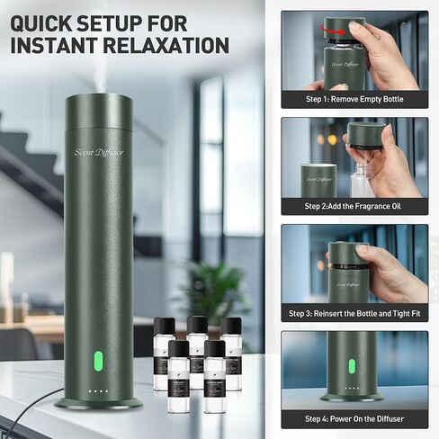 Waterless Scent Diffuser Starter Kit - 1000 Sq Ft Coverage, Hotel Scent Diffuser, Essential Oil Diffuser for Home & Large Room, Included 5 Scent Oils, Remote Control, SandGreen, 11In in Saudi Arabia