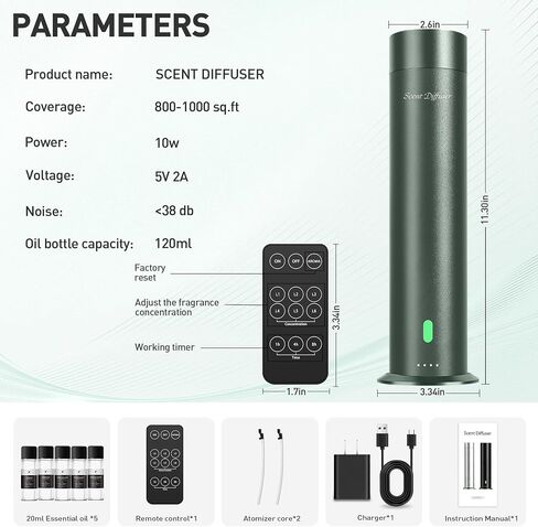 Waterless Scent Diffuser Starter Kit - 1000 Sq Ft Coverage, Hotel Scent Diffuser, Essential Oil Diffuser for Home & Large Room, Included 5 Scent Oils, Remote Control, SandGreen, 11In in Saudi Arabia
